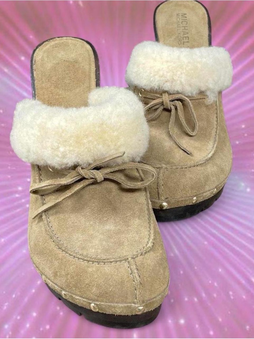 Michael Kors Tan Suede Shearling Bow Clog Mules